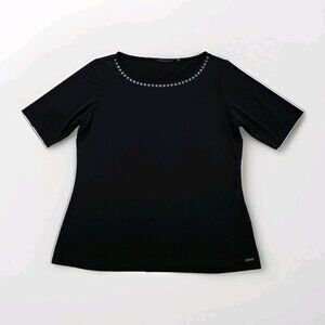 Tahari Top Womens L Black SS Studs Stretch Whimsigoth Office Mature Logo Capsule